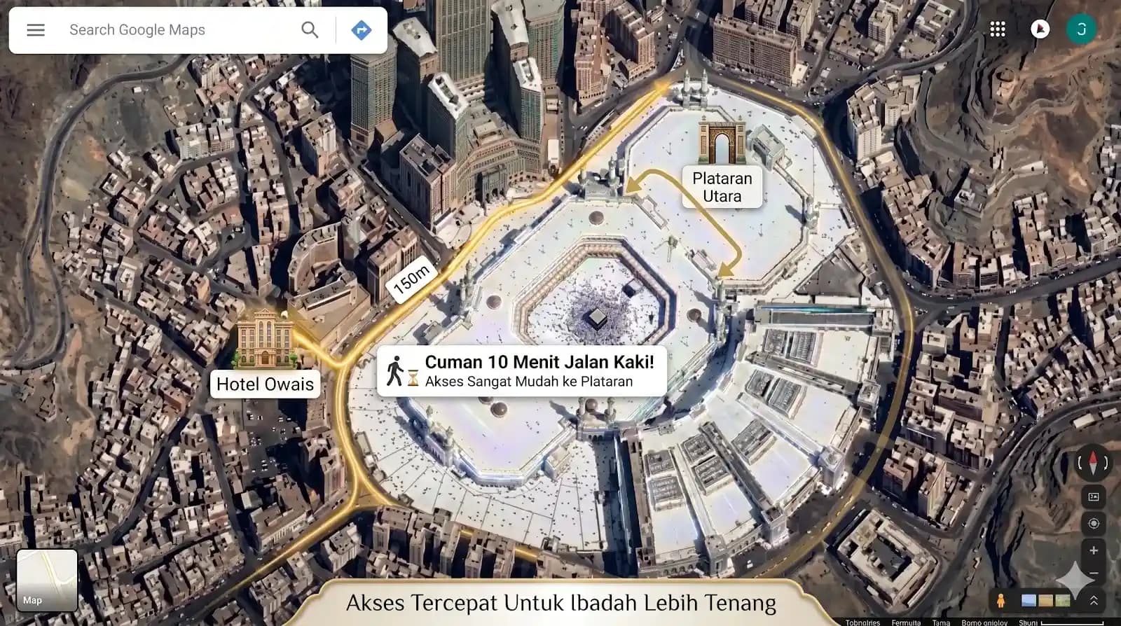 Denah satelit Hotel Owais — 150m ke Plataran Utara Masjidil Haram, ~10 menit jalan kaki