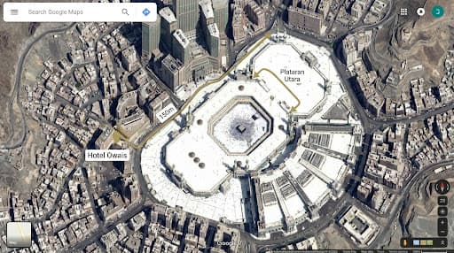 Peta satelit jarak Hotel Owais 150 meter dari Masjidil Haram