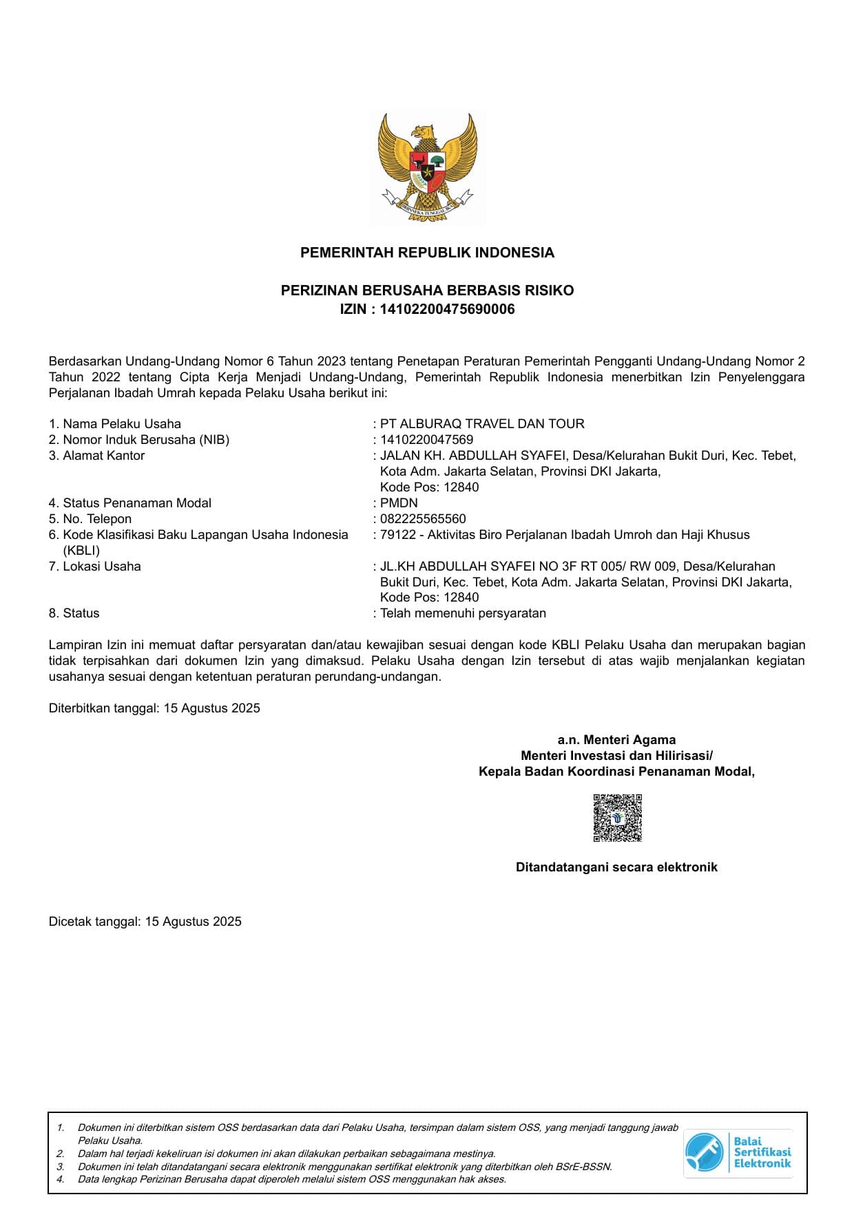 Izin PPIU Kemenag RI Alburaq Indonesia